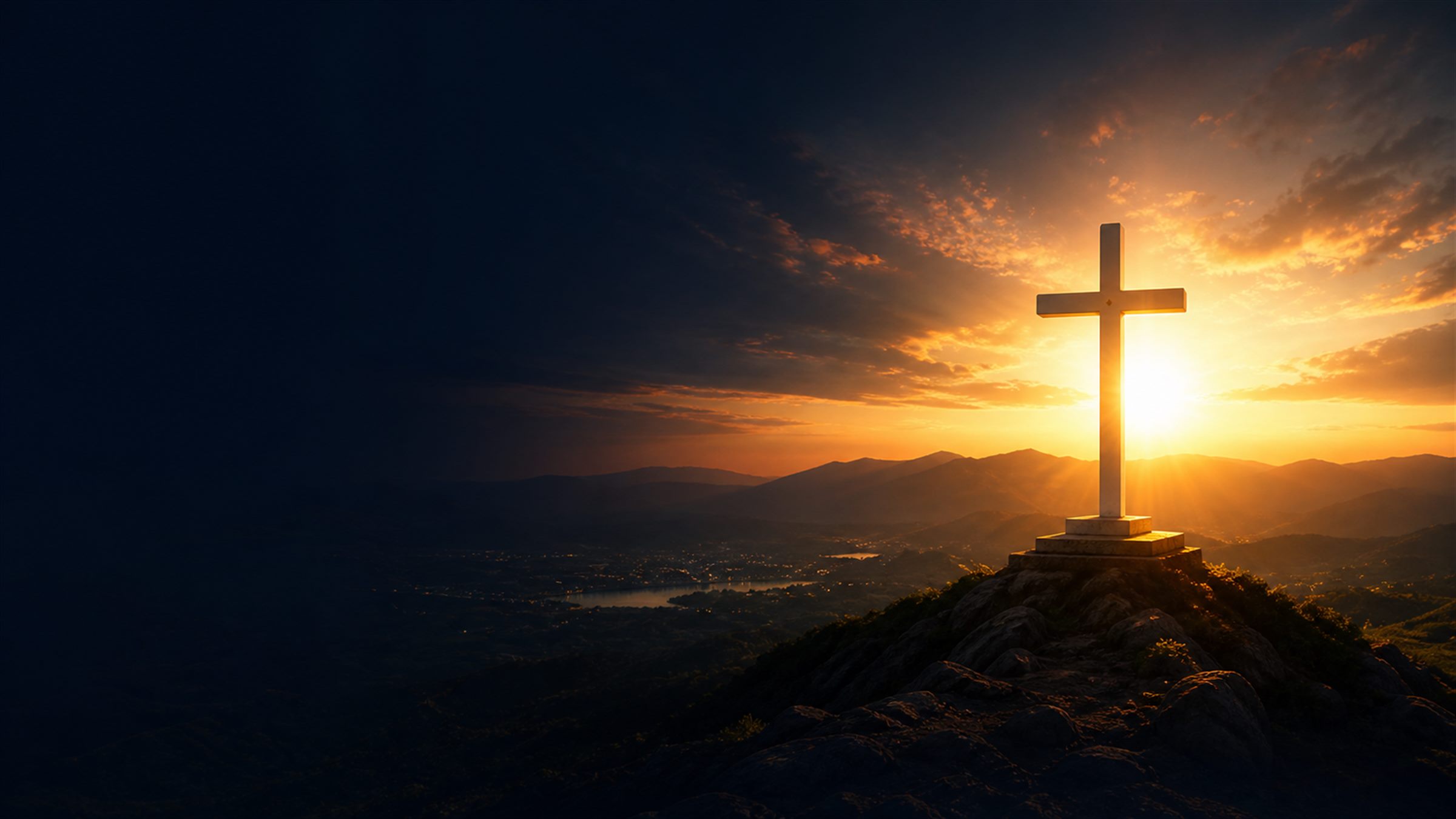 A golden sunrise behind a simple cross, symbolizing hope and prayer